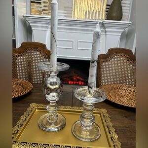 Pair of beautiful vintage clear heavy thick glass candle holders